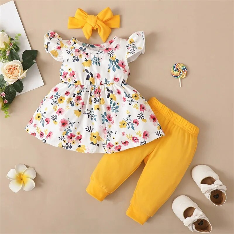 3 DB tavaszi őszi babaruha szett Ujjatlan virágmintás ruha + tömör nadrág Újszülött édes ruhák csecsemőruhák