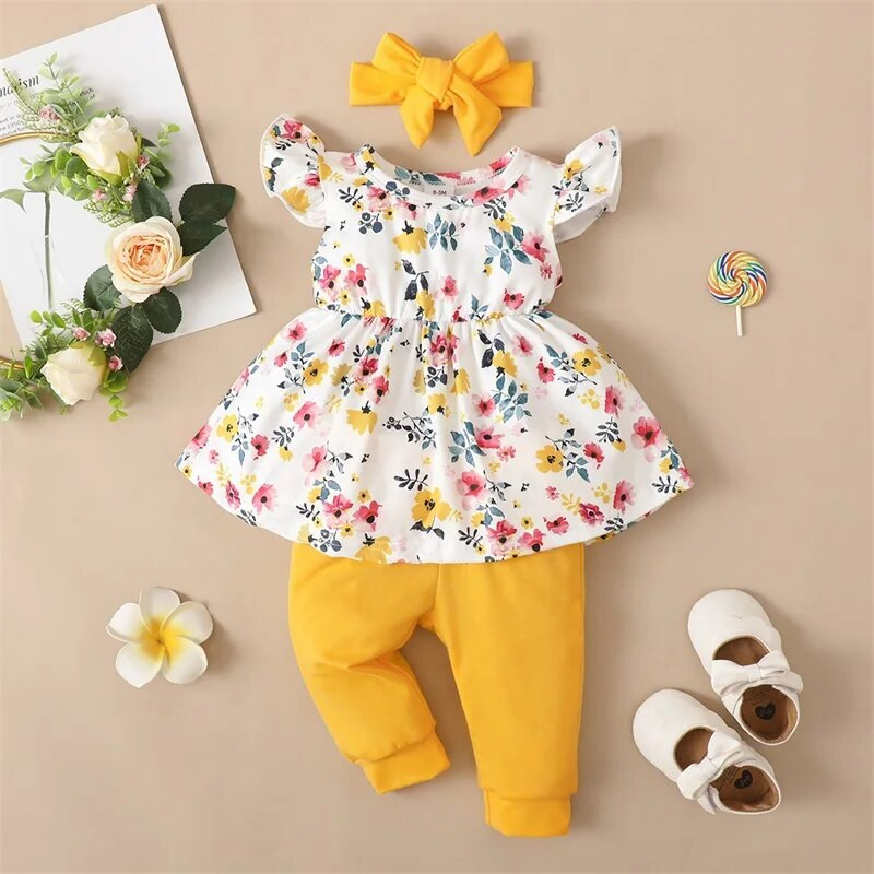3 DB tavaszi őszi babaruha szett Ujjatlan virágmintás ruha + tömör nadrág Újszülött édes ruhák csecsemőruhák