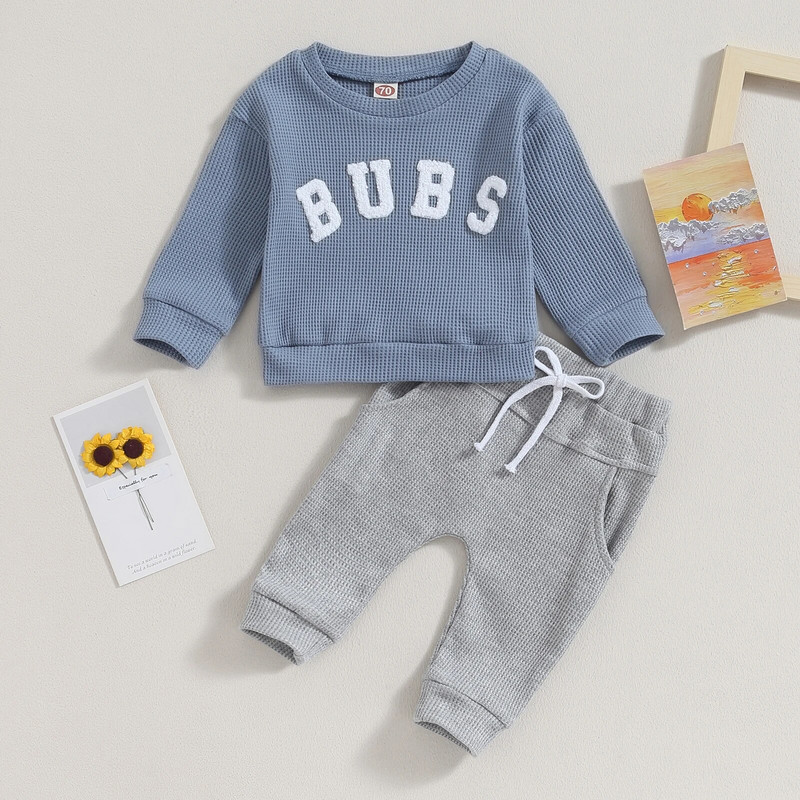 FOCUSNORM 0-3Y őszi kisgyermek kisfiú ruhakészletek 2db hosszú ujjú betűs hímzéses pulóver felsők húzózsinóros nadrágok