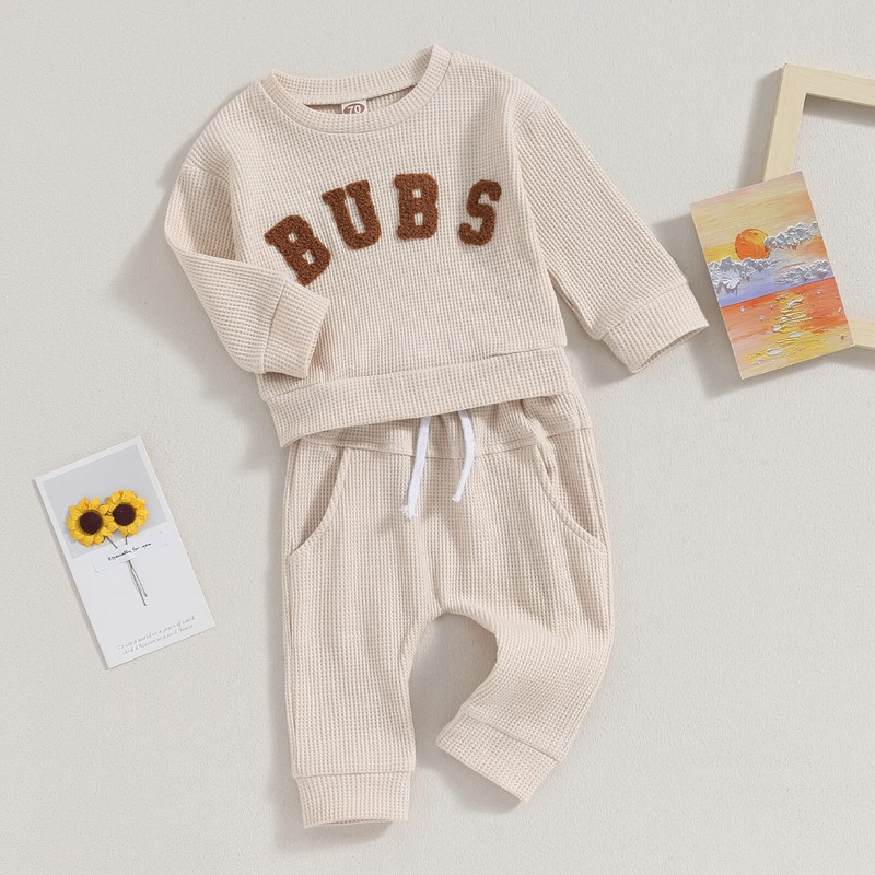 FOCUSNORM 0-3Y őszi kisgyermek kisfiú ruhakészletek 2db hosszú ujjú betűs hímzéses pulóver felsők húzózsinóros nadrágok