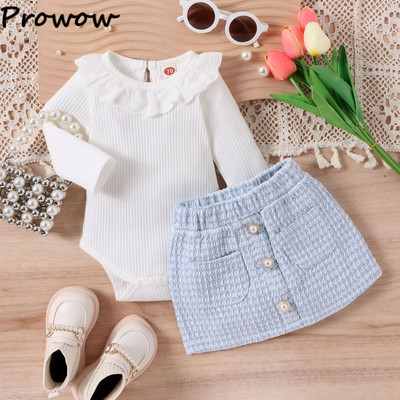 Prowow 0-24M Baby Girl Téli Ruha Outfit Csipkegallér Fehér Body és Kék Tweed Szoknyák 2db újszülött szett lányoknak