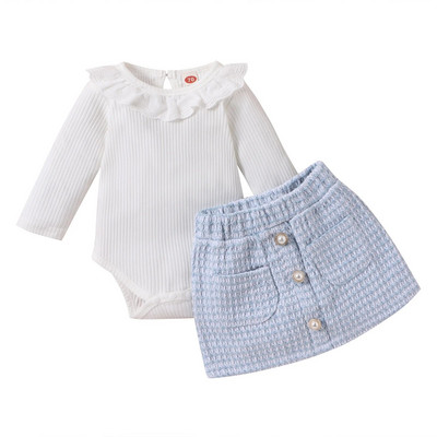 Prowow 0-24M Baby Girl Téli Ruha Outfit Csipkegallér Fehér Body és Kék Tweed Szoknyák 2db újszülött szett lányoknak