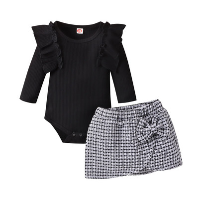 Prowow 0-24M Baby Girl Téli Ruha Outfit Csipkegallér Fehér Body és Kék Tweed Szoknyák 2db újszülött szett lányoknak