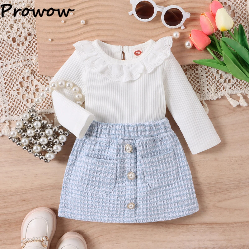 Prowow 0-24M Baby Girl Téli Ruha Outfit Csipkegallér Fehér Body és Kék Tweed Szoknyák 2db újszülött szett lányoknak