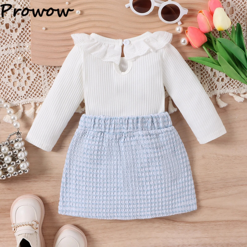 Prowow 0-24M Baby Girl Téli Ruha Outfit Csipkegallér Fehér Body és Kék Tweed Szoknyák 2db újszülött szett lányoknak