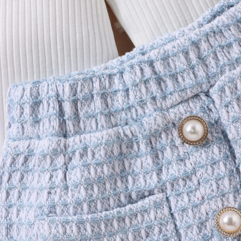 Prowow 0-24M Baby Girl Téli Ruha Outfit Csipkegallér Fehér Body és Kék Tweed Szoknyák 2db újszülött szett lányoknak