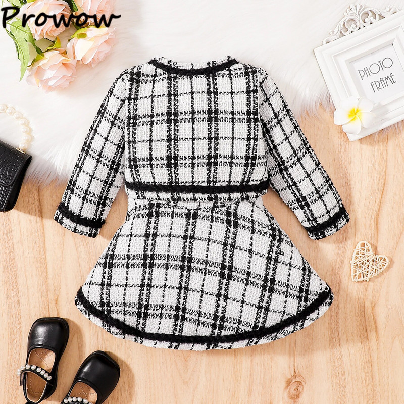 Prowow 3-24M bébi lány téli ruha szettek Tweed kockás kabát és páncélruha lányoknak 2db szett újszülötteknek babaruha