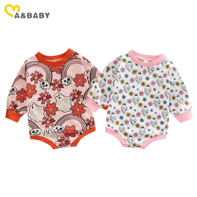 ma&baby 0-24M Halloween újszülött csecsemő baba lány póló Virágos sütőtök Ghost Print hosszú ujjú Jumpsuit Playsuit D01