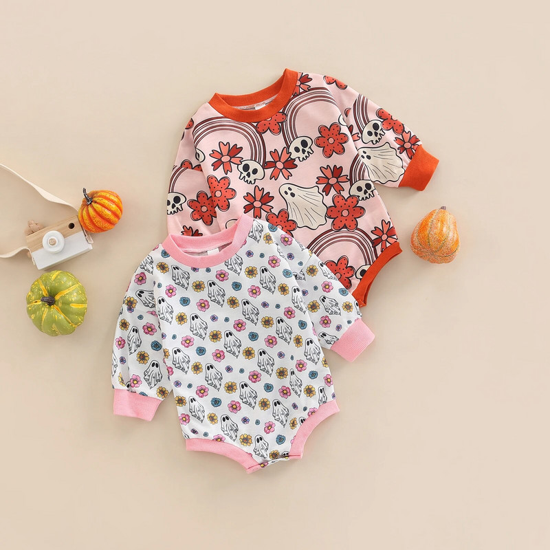 ma&baby 0-24M Halloween újszülött csecsemő baba lány póló Virágos sütőtök Ghost Print hosszú ujjú Jumpsuit Playsuit D01