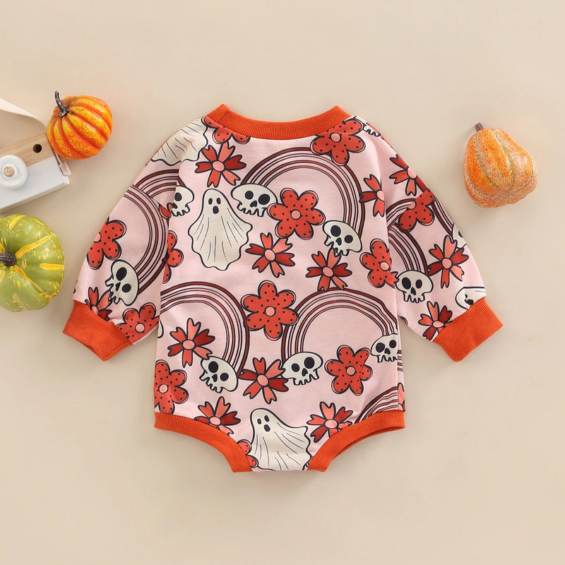 ma&baby 0-24M Halloween újszülött csecsemő baba lány póló Virágos sütőtök Ghost Print hosszú ujjú Jumpsuit Playsuit D01