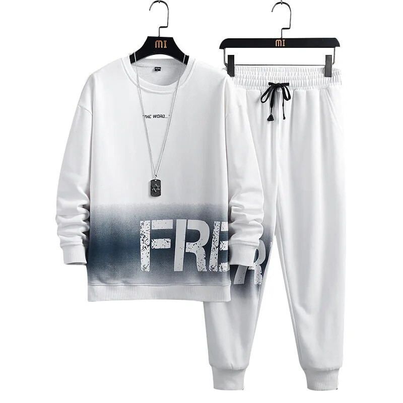 Férfi sportkészlet 2023 tavaszi, új ifjúsági trend színátmenetes betűs, kerek nyakú pulóver, alkalmi férfi szett