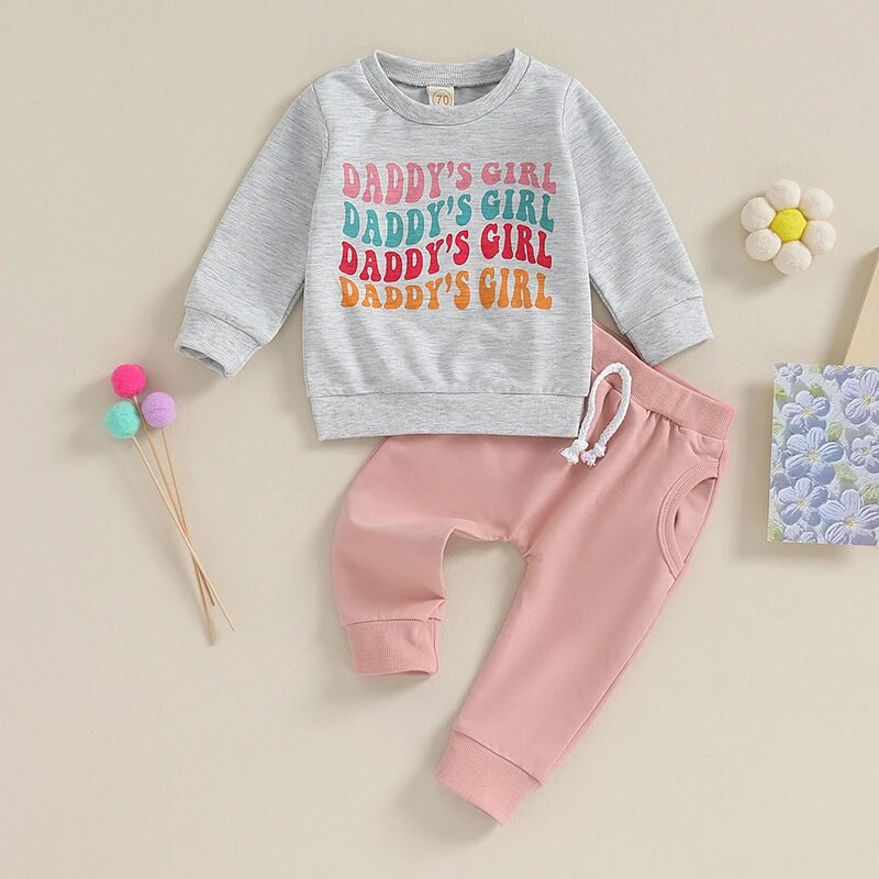 Tipegő lányok 2 részes ruházat, betűmintás hosszú ujjú pulóver és nadrág szett, baba aranyos őszi ruhák