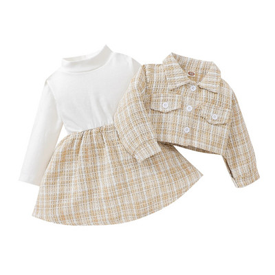 Prowow 3-24M babaruhák téli gyerekeknek Tweed kabát dzseki + kockás tweed ruha 2db újszülött kisgyermek babaruhák tweed öltöny