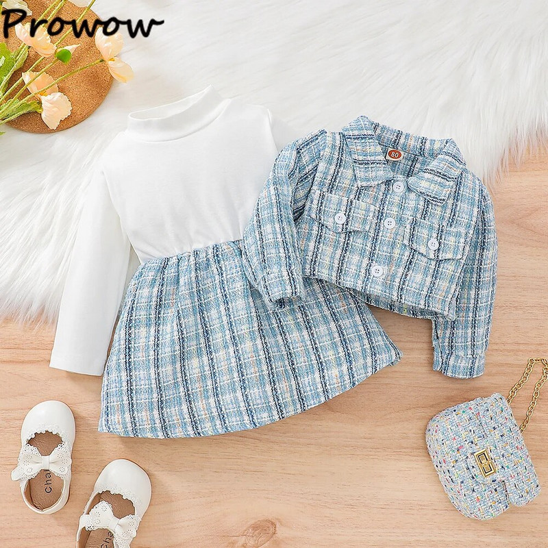 Prowow 3-24M babaruhák téli gyerekeknek Tweed kabát dzseki + kockás tweed ruha 2db újszülött kisgyermek babaruhák tweed öltöny