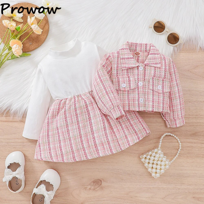 Prowow 3-24M babaruhák téli gyerekeknek Tweed kabát dzseki + kockás tweed ruha 2db újszülött kisgyermek babaruhák tweed öltöny