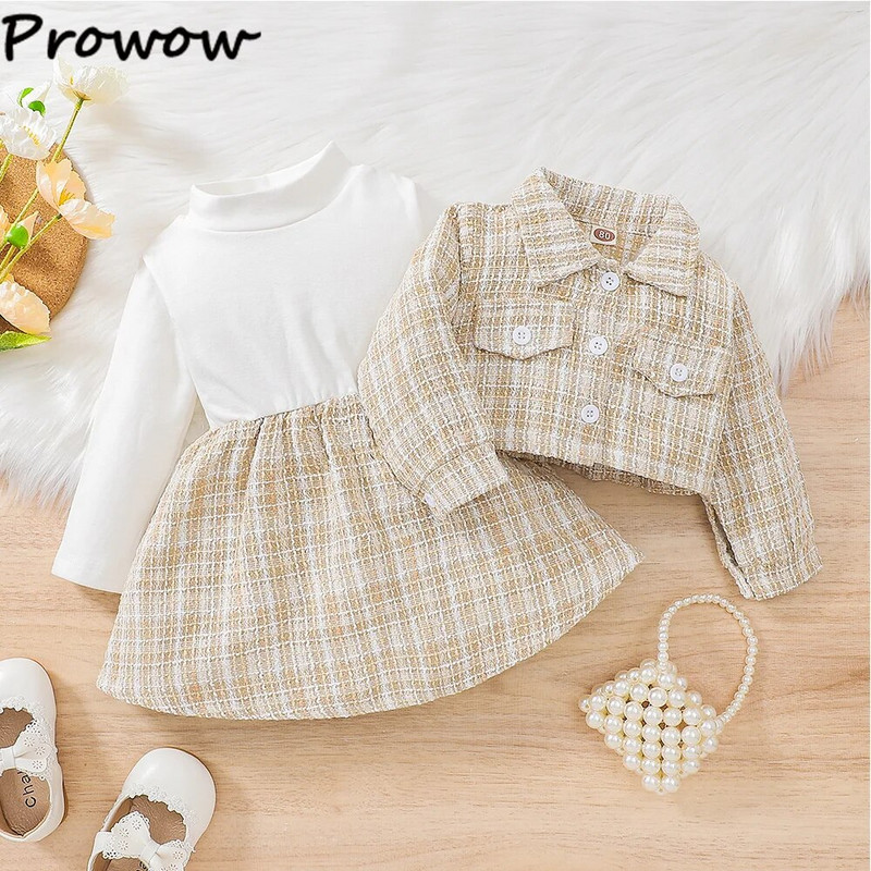 Prowow 3-24M babaruhák téli gyerekeknek Tweed kabát dzseki + kockás tweed ruha 2db újszülött kisgyermek babaruhák tweed öltöny