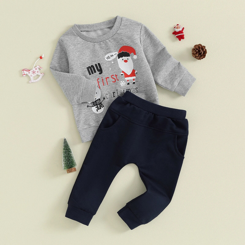 ma&baby 6M-3Y karácsonyi kisgyermek csecsemő újszülött kisfiú ruhakészletek hosszú ujjú Mikulás betűk nyomtatási felsők nadrágok karácsonyi jelmez