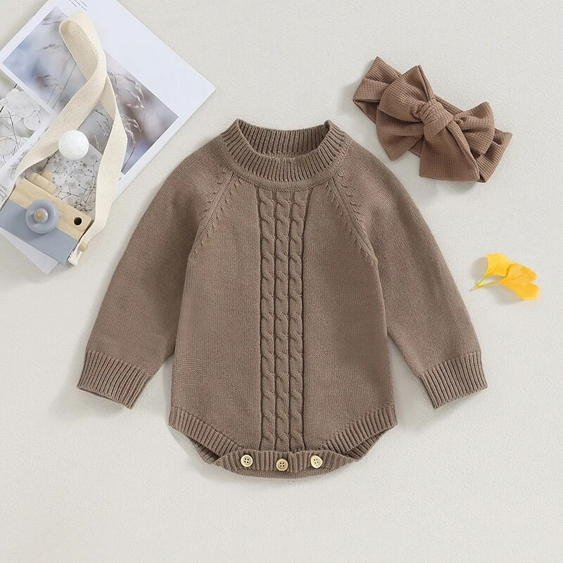 ma&baby 0-18M újszülött csecsemő lányoknak kötött nadrág őszi téli meleg hosszú ujjú jumpsuit masni fejpántos ruhák