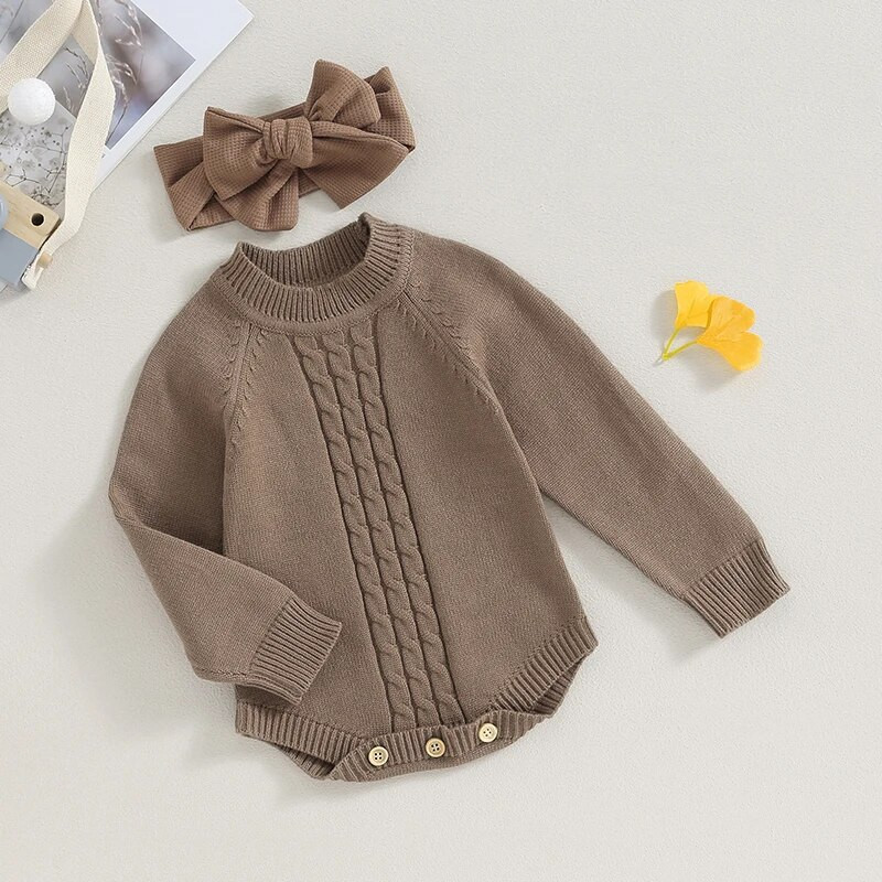 ma&baby 0-18M újszülött csecsemő lányoknak kötött nadrág őszi téli meleg hosszú ujjú jumpsuit masni fejpántos ruhák