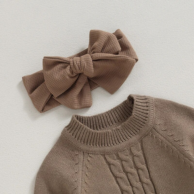 ma&baby 0-18M újszülött csecsemő lányoknak kötött nadrág őszi téli meleg hosszú ujjú jumpsuit masni fejpántos ruhák