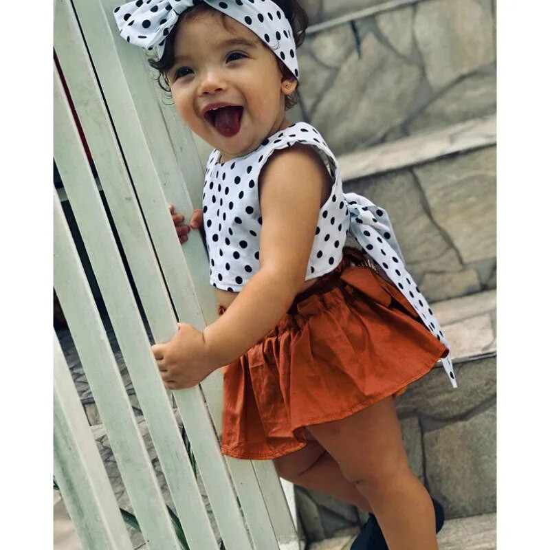 Prowow 0-3Y Baby Girl Nyári Outfit Szettek White Dots Hát nélküli pólók+Fodor rövidnadrág 3db Tipegő Újszülött Lány Ruhák