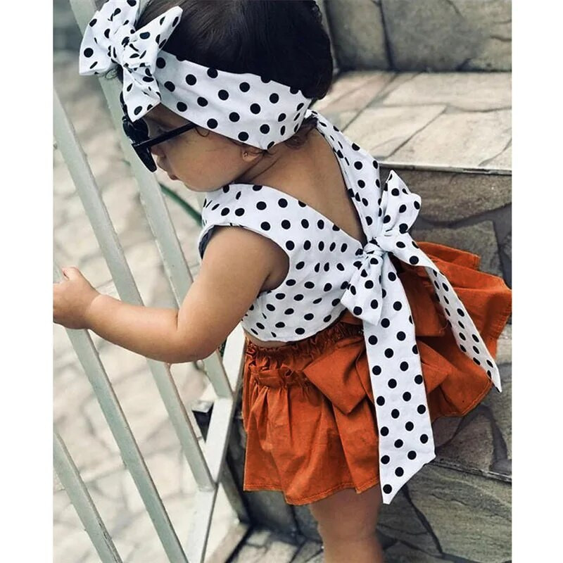 Prowow 0-3Y Baby Girl Nyári Outfit Szettek White Dots Hát nélküli pólók+Fodor rövidnadrág 3db Tipegő Újszülött Lány Ruhák