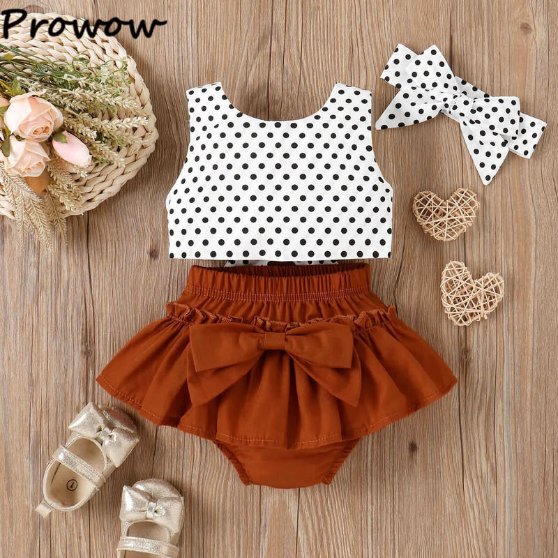 Prowow 0-3Y Baby Girl Nyári Outfit Szettek White Dots Hát nélküli pólók+Fodor rövidnadrág 3db Tipegő Újszülött Lány Ruhák
