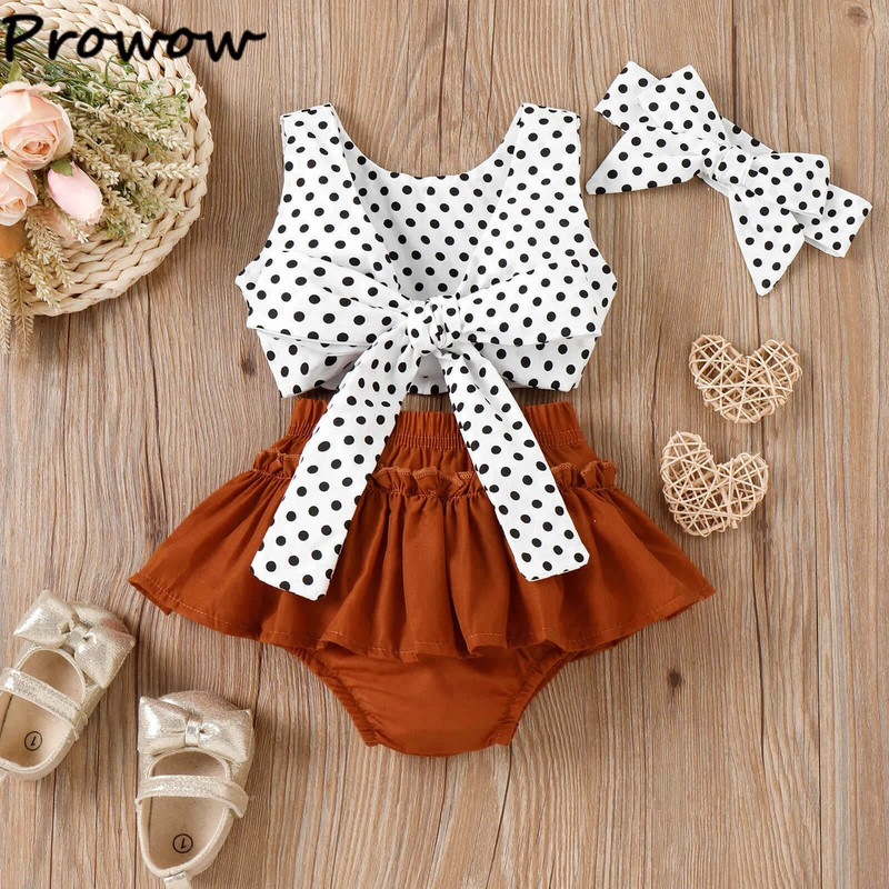 Prowow 0-3Y Baby Girl Nyári Outfit Szettek White Dots Hát nélküli pólók+Fodor rövidnadrág 3db Tipegő Újszülött Lány Ruhák