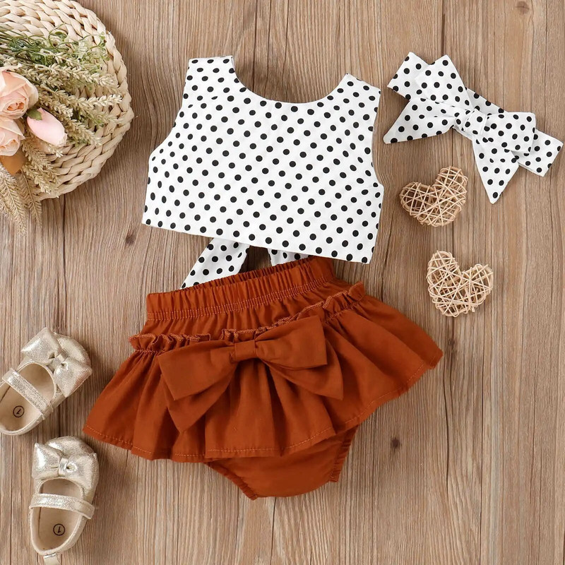Prowow 0-3Y Baby Girl Nyári Outfit Szettek White Dots Hát nélküli pólók+Fodor rövidnadrág 3db Tipegő Újszülött Lány Ruhák