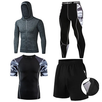 Комплект от 4 части Фитнес облекло Камуфлажен мъжки спортен костюм Бързосъхнещи дрехи за бягане Баскетболно облекло Тесни дрехи Облекло за тренировки