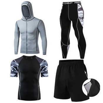 Комплект от 4 части Фитнес облекло Камуфлажен мъжки спортен костюм Бързосъхнещи дрехи за бягане Баскетболно облекло Тесни дрехи Облекло за тренировки