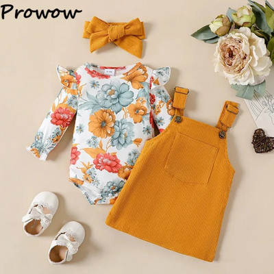 Prowow 0-18M Baby Girl Outfits Szett Ruhák Sárga Virágos Romper+Szaktartós Csatos Ruhák Újszülött ruhák Lányoknak