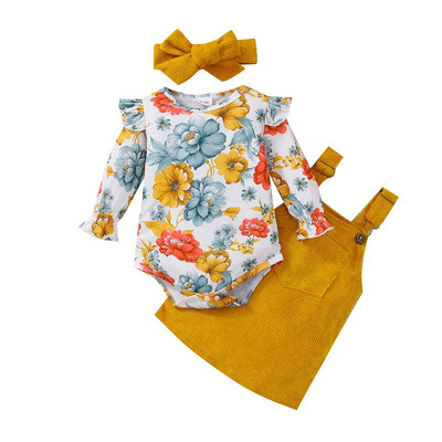 Prowow 0-18M Baby Girl Outfits Szett Ruhák Sárga Virágos Romper+Szaktartós Csatos Ruhák Újszülött ruhák Lányoknak