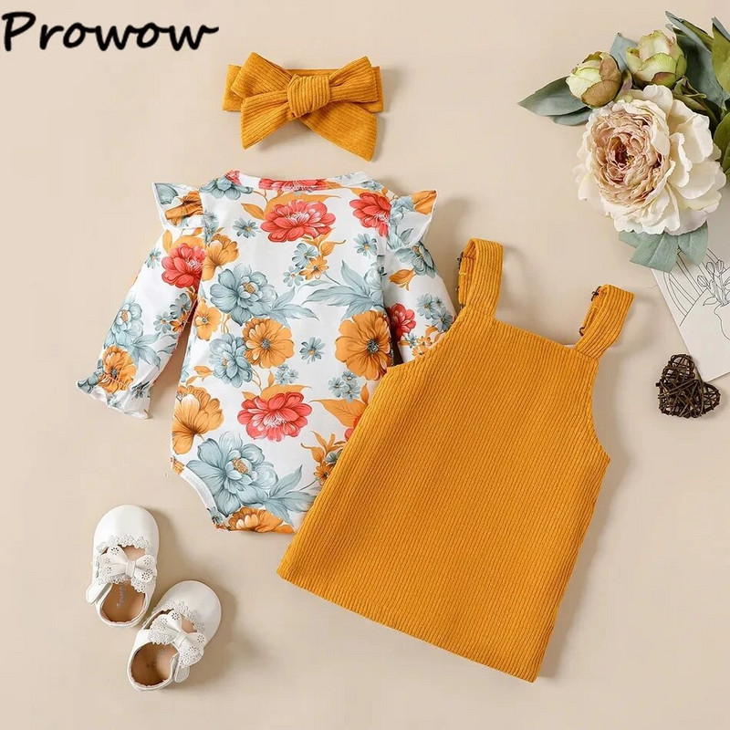 Prowow 0-18M Baby Girl Outfits Szett Ruhák Sárga Virágos Romper+Szaktartós Csatos Ruhák Újszülött ruhák Lányoknak