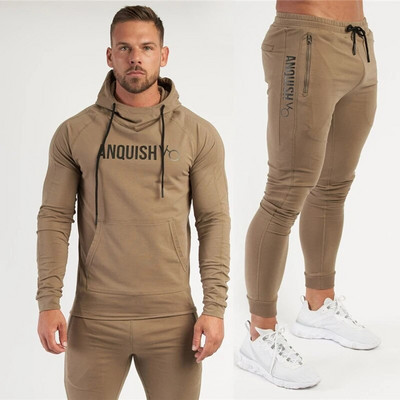 Férfi edzőtermi kocogó tavaszi és őszi sportöltöny pamut alkalmi pulóverek pulóver nadrág 2 részes készletek Fitness ruházat sportruházat