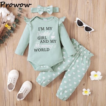 Prowow 0-18M Пролет Есен Бебешки комплекти дрехи за момичета Mommy Daddy Letter Romper+Pants Heart+Land Head 3pcs Комплекти от екипи за новородени момичета