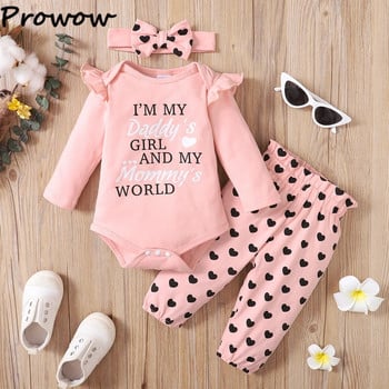 Prowow 0-18M Пролет Есен Бебешки комплекти дрехи за момичета Mommy Daddy Letter Romper+Pants Heart+Land Head 3pcs Комплекти от екипи за новородени момичета