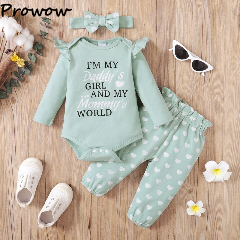 Prowow 0-18M tavaszi őszi baba ruha szettek anyu apu levél nadrág + szív nadrág + fejpánt 3db újszülött lányok ruha szettek