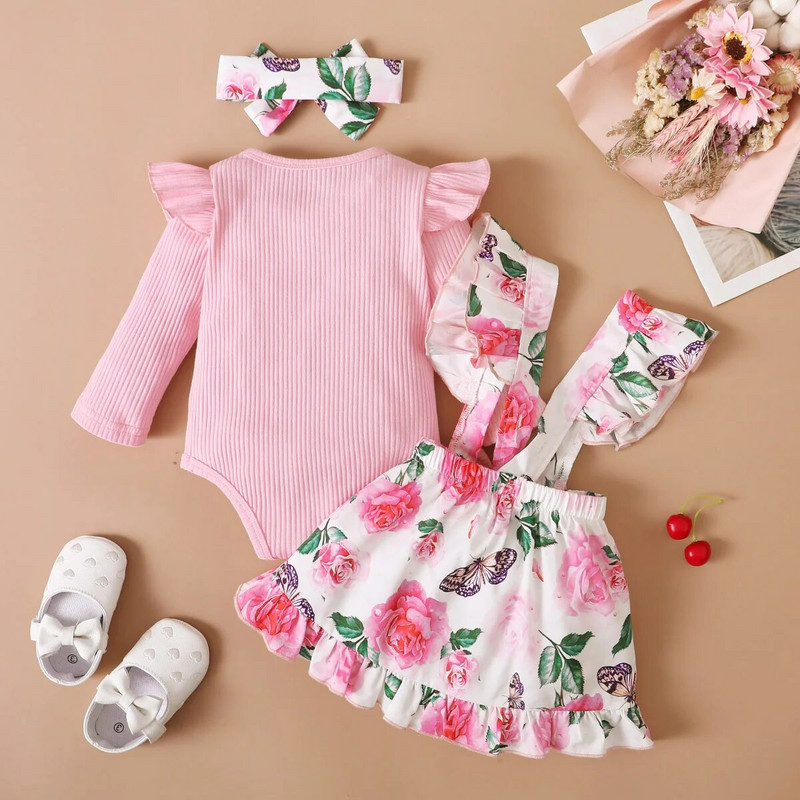 Kisgyermek újszülött baba lány ruha szett Rózsaszín nadrág + virágmintás fodros masni szoknya ruhák csecsemő divat baba ruha