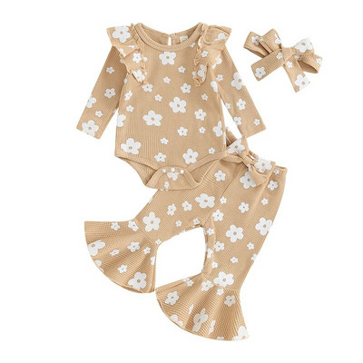 Újszülött lány őszi gofri ruhák virágmintás hosszú ujjú nadrág, masnis fejpánt