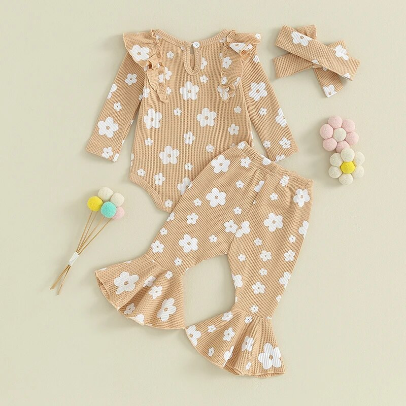 Újszülött lány őszi gofri ruhák virágmintás hosszú ujjú nadrág, masnis fejpánt
