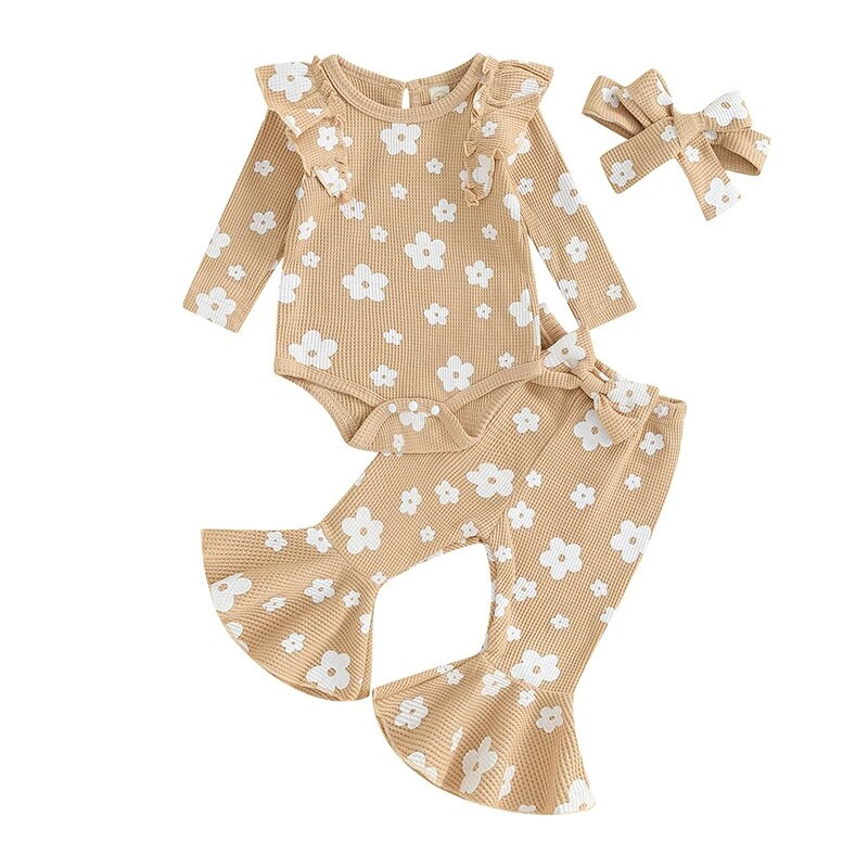 Újszülött lány őszi gofri ruhák virágmintás hosszú ujjú nadrág, masnis fejpánt