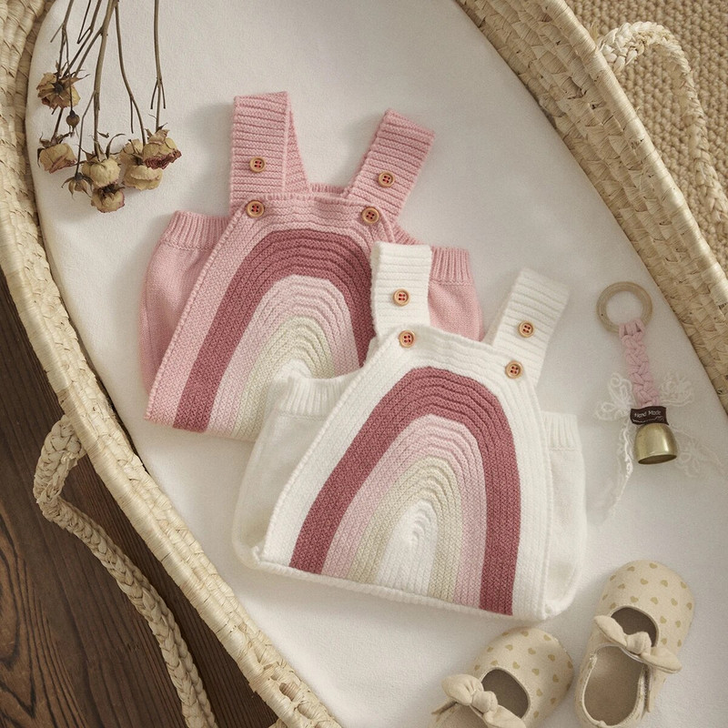 ma&baby 0-24M Újszülött Baba Fiú Lány Kötött Szivárvány Jumpsuit Overall Toddler Csecsemő Puha Ruha