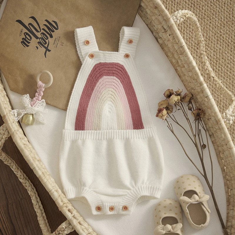 ma&baby 0-24M Újszülött Baba Fiú Lány Kötött Szivárvány Jumpsuit Overall Toddler Csecsemő Puha Ruha