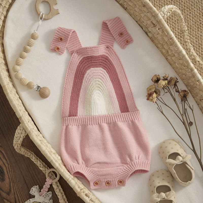 ma&baby 0-24M Újszülött Baba Fiú Lány Kötött Szivárvány Jumpsuit Overall Toddler Csecsemő Puha Ruha