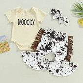 Csecsemő baba lány nyári ruha szett rövid ujjú betűmintás nadrág + foltos mintás bojtos nadrág + fejpánt