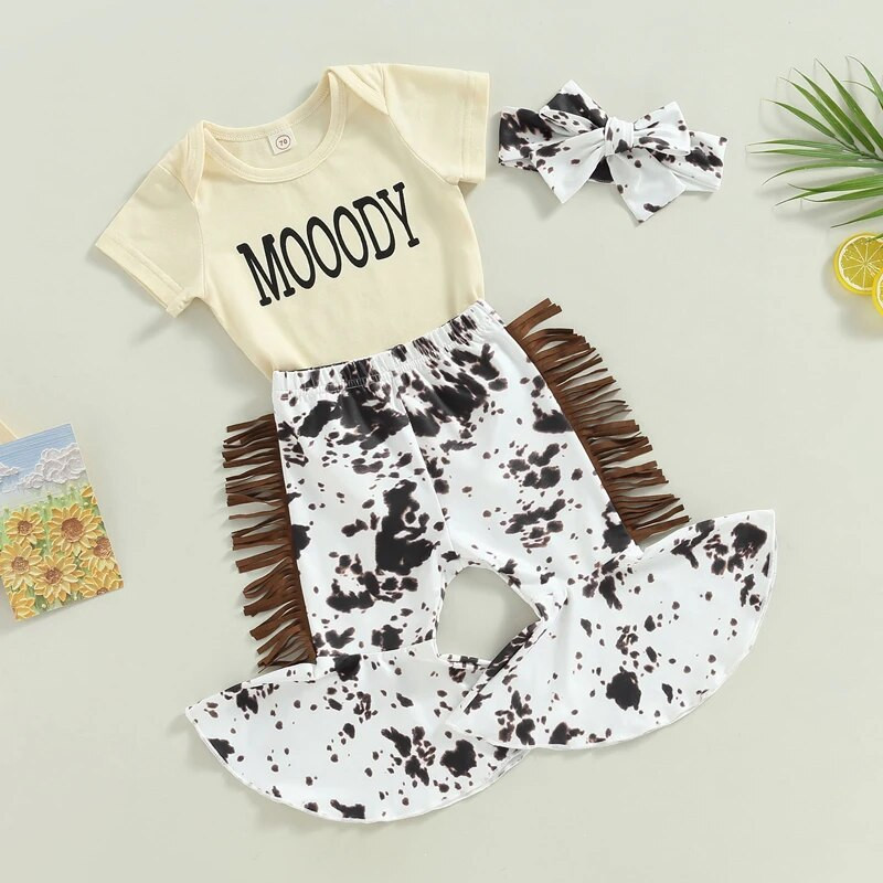 Csecsemő baba lány nyári ruha szett rövid ujjú betűmintás nadrág + foltos mintás bojtos nadrág + fejpánt