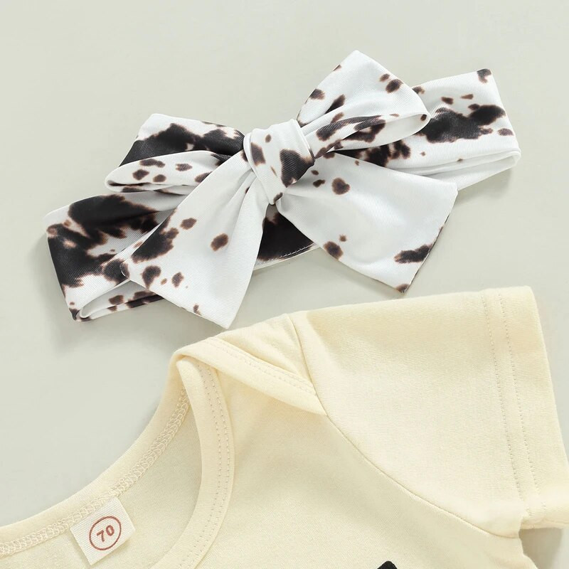 Csecsemő baba lány nyári ruha szett rövid ujjú betűmintás nadrág + foltos mintás bojtos nadrág + fejpánt