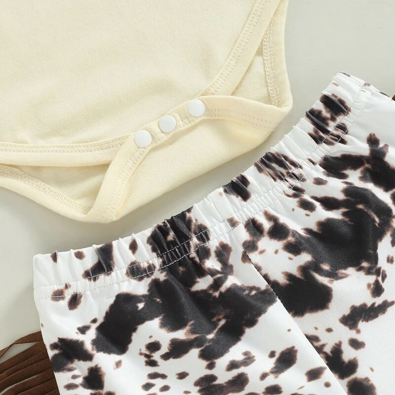 Csecsemő baba lány nyári ruha szett rövid ujjú betűmintás nadrág + foltos mintás bojtos nadrág + fejpánt