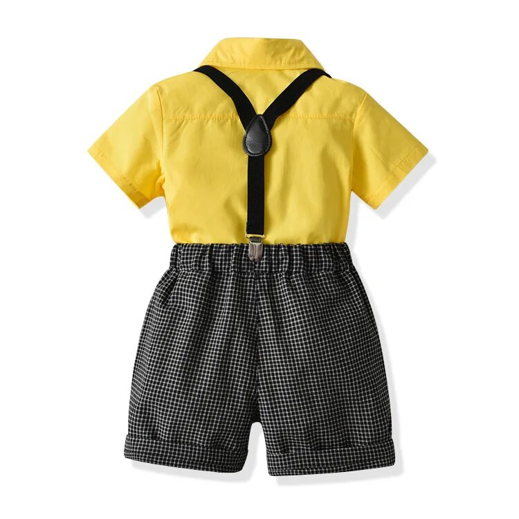 Kisfiú Ruhák Kisgyermek bankett ruha Csecsemő tömör csokornyakkendő ing + kockás függőnadrág 2db öltöny Gyerek party ruha szettek